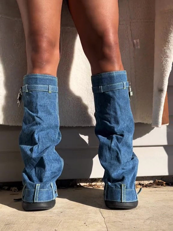 Handcrafted Denim Wedge Heel Boots Blue / 6.5/7