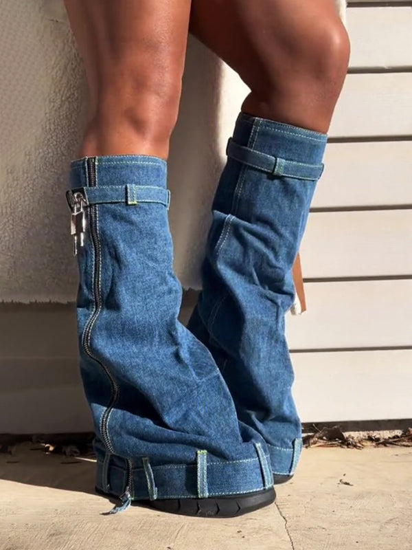 Handcrafted Denim Wedge Heel Boots Blue / 6