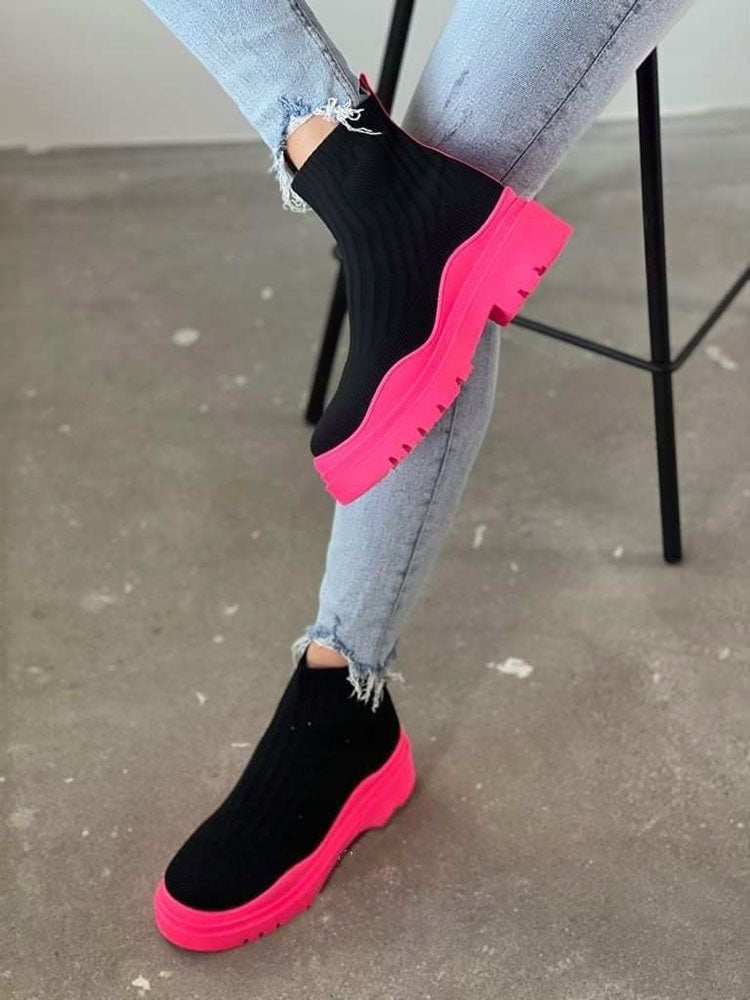 Platform Round Toe Knit Boots Orange / 6.5/7