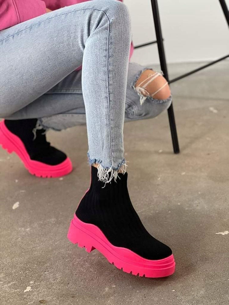 Platform Round Toe Knit Boots Orange / 9/9.5