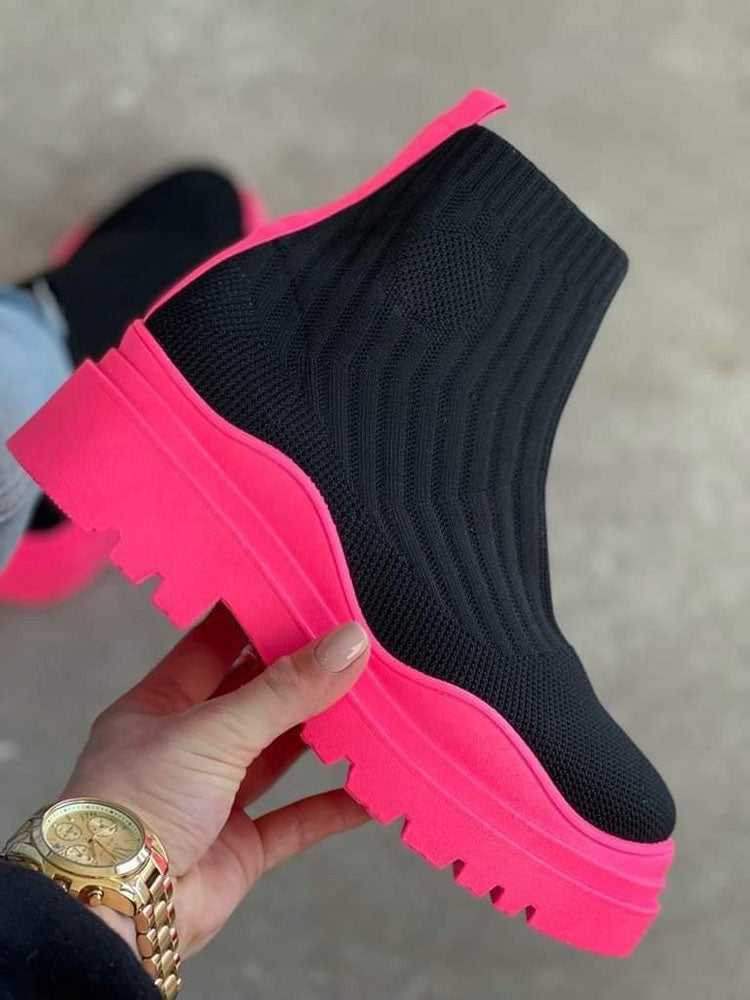 Platform Round Toe Knit Boots Orange / 6