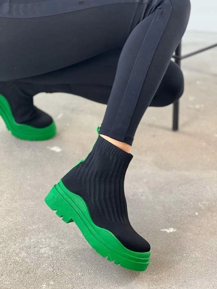 Platform Round Toe Knit Boots Green / 7.5/8