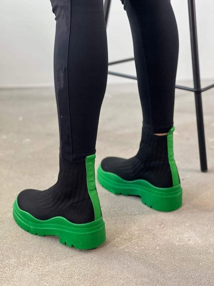 Platform Round Toe Knit Boots Green / 6.5/7