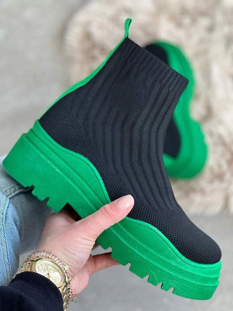 Platform Round Toe Knit Boots Green / 6