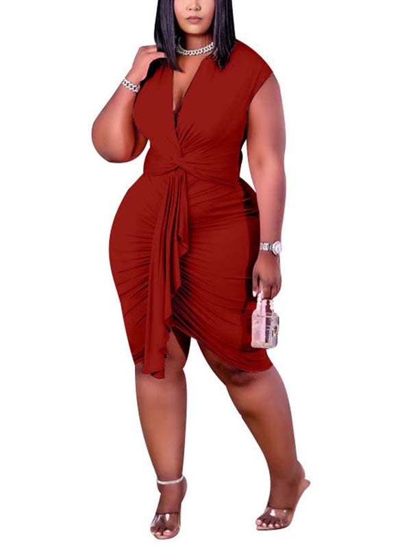 Solid Color Wrap Ruched Dress Red / 2XL