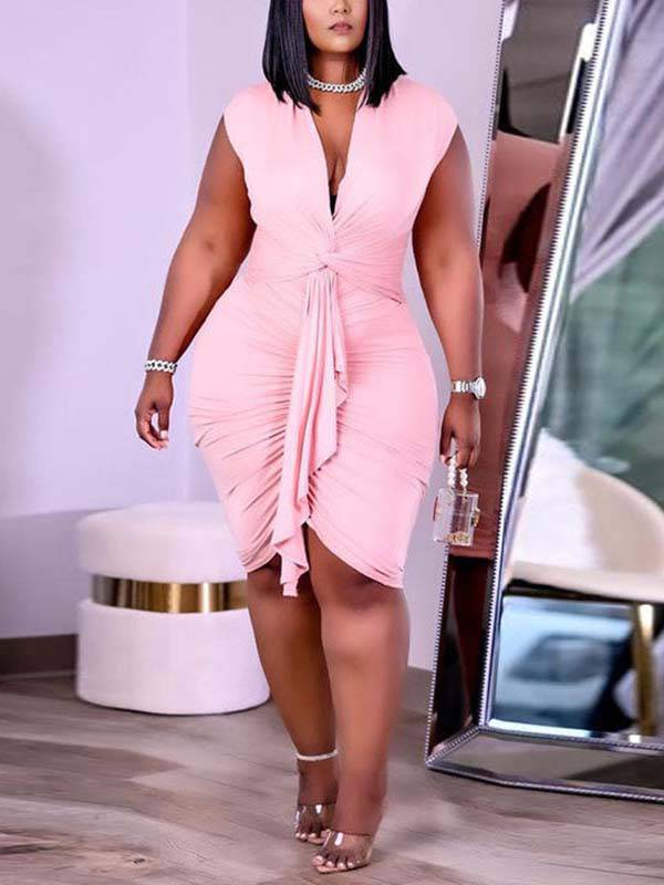 Solid Color Wrap Ruched Dress Pink / XL