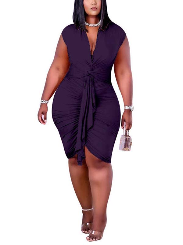 Solid Color Wrap Ruched Dress Red / 3XL