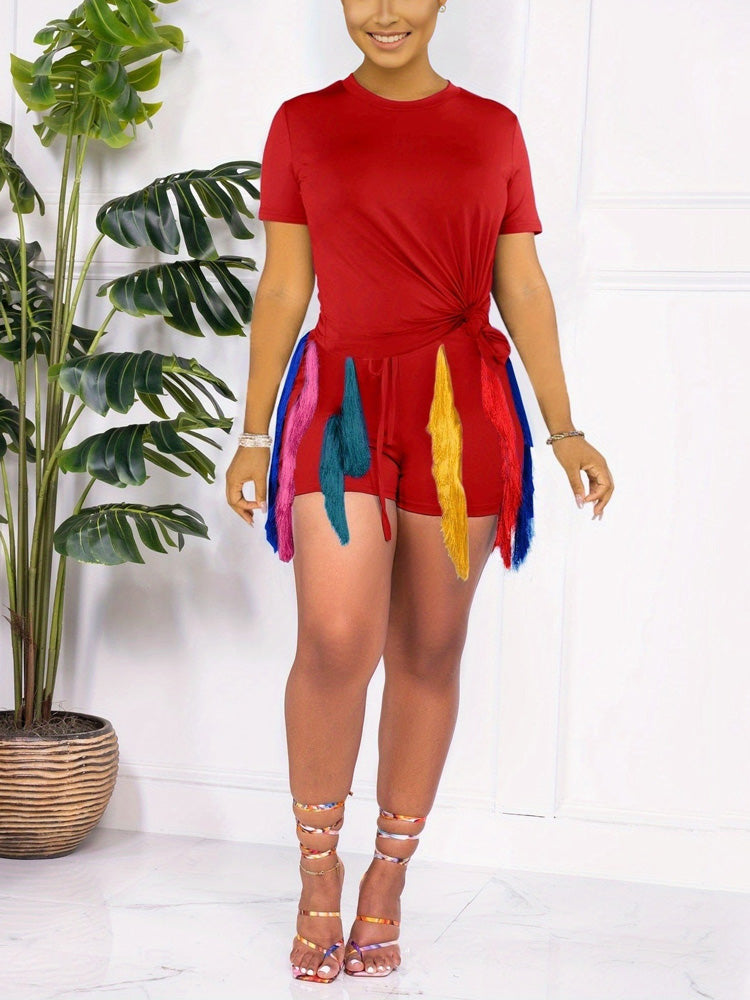 Colorful Fringe Shorts Set Dark Green / L