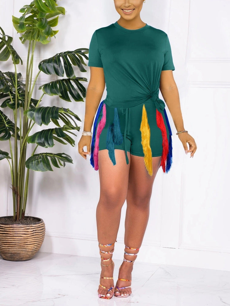 Colorful Fringe Shorts Set Dark Green / XL