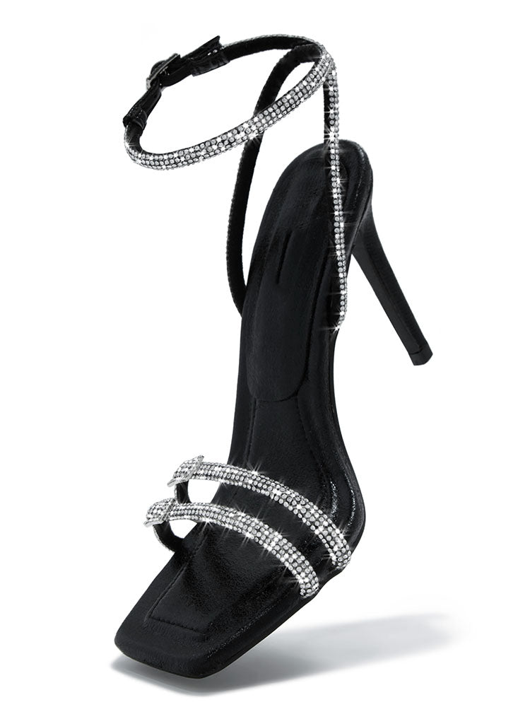 Rhinestones Ankle Strap Heels Black / 6.5/7