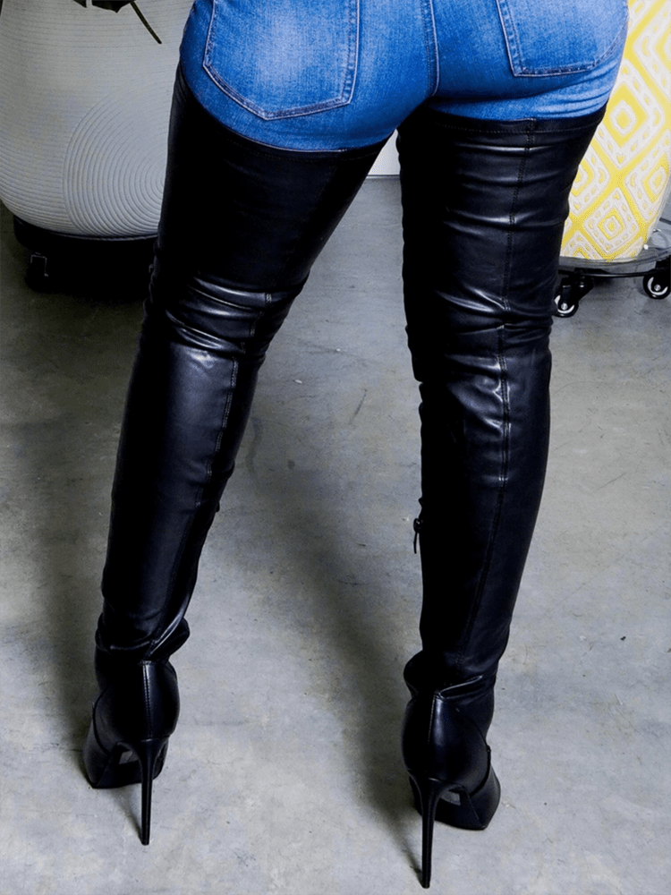 PU Leather Flat Over Knee Boots Chunky Heel / 6