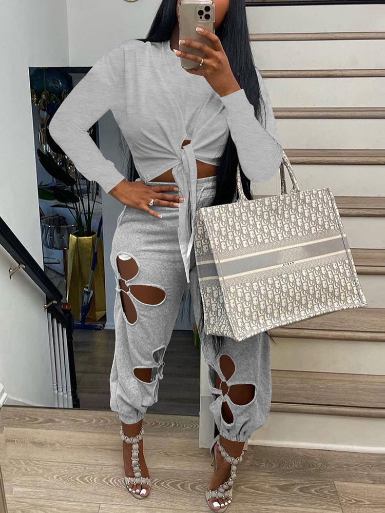 Tie Top Cutout Pants Set Black / XL