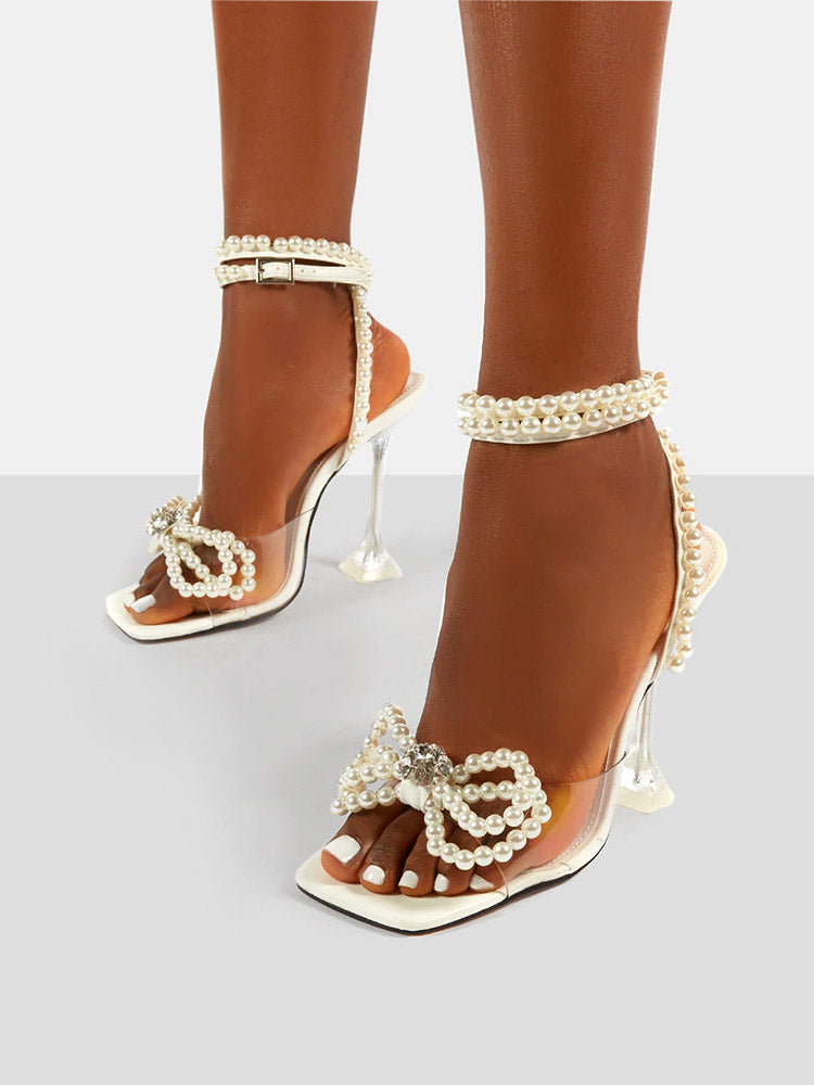 Pearl Bow High Heel Sandals White / 9/9.5