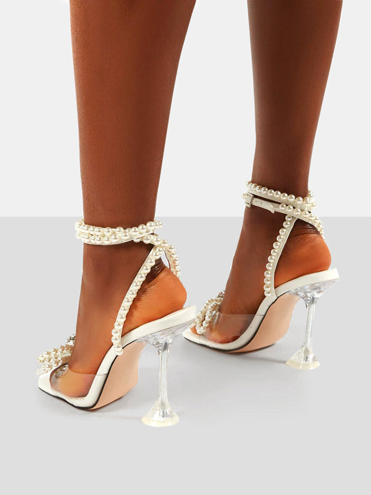 Pearl Bow High Heel Sandals White / 10