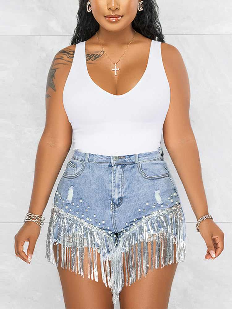 Sequin Tassel Pearl Denim Shorts Blue / S