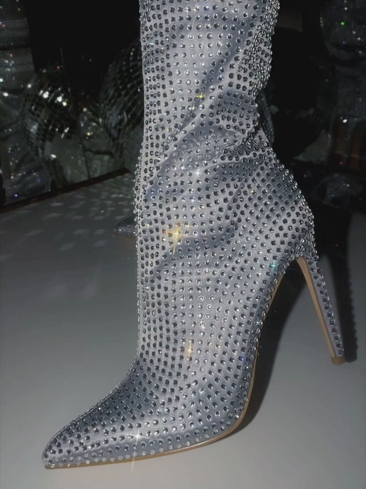 Crystal-Embellished Suede Boots Silver / 8.5