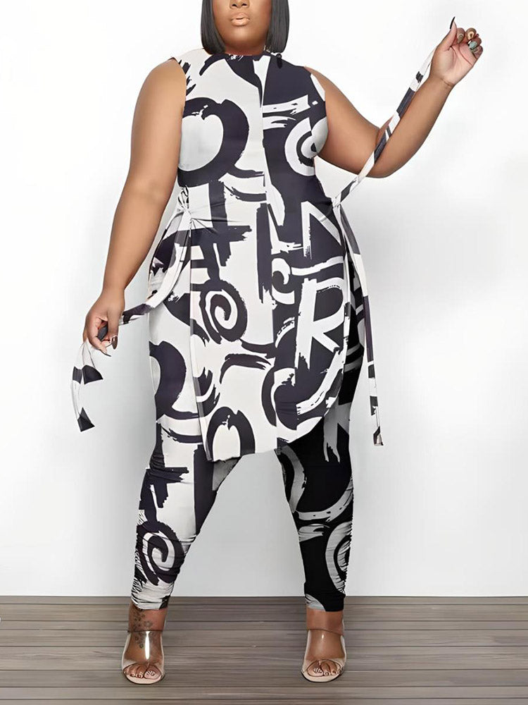 Printed Sleeveless Top Jogger Set Gray / 3XL
