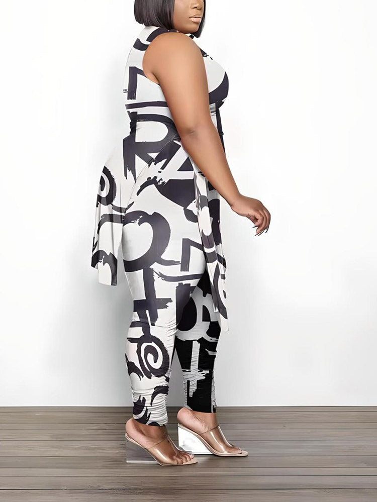 Printed Sleeveless Top Jogger Set Red / 3XL
