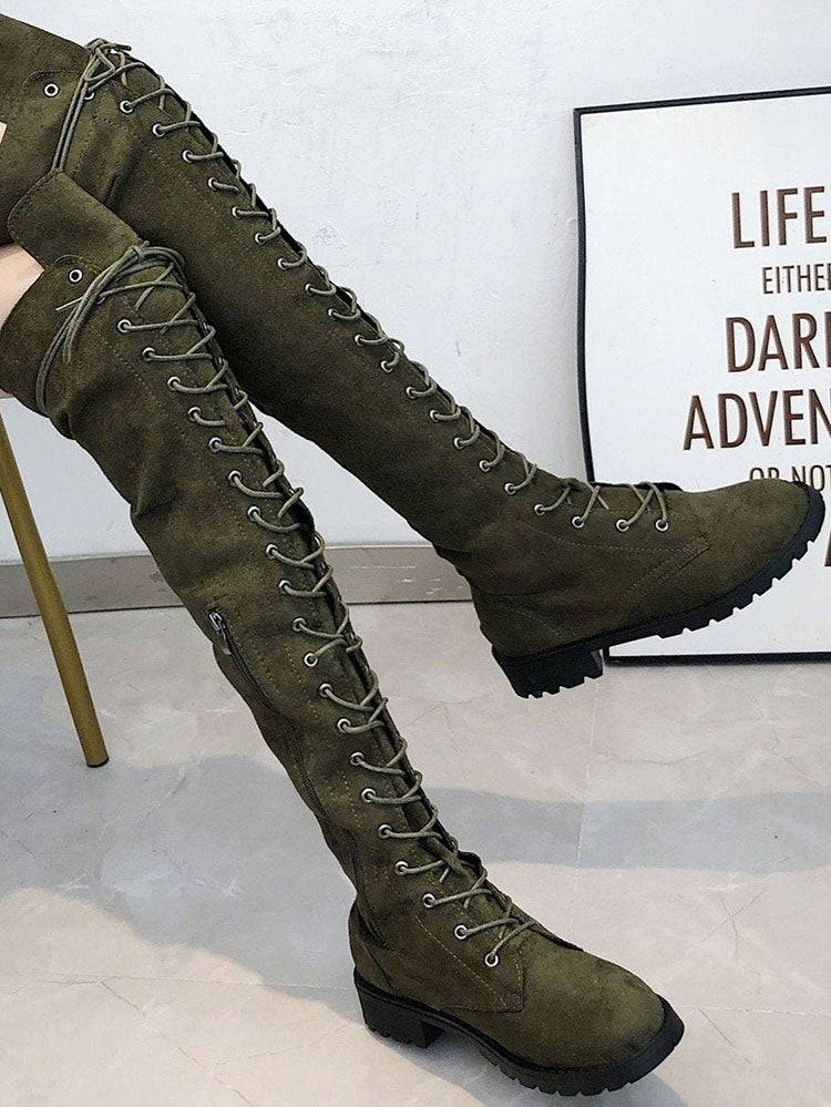 Lace Up Flat Suede Boots Army Green / 8.5
