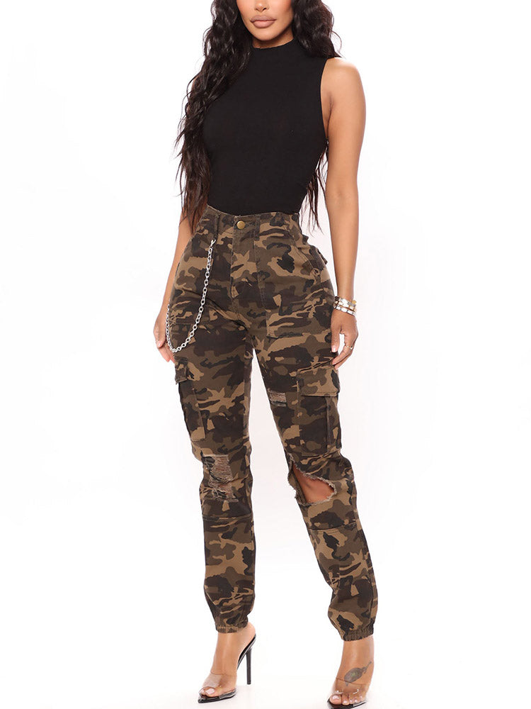 Ripped Camo Cargo Pants Black / M