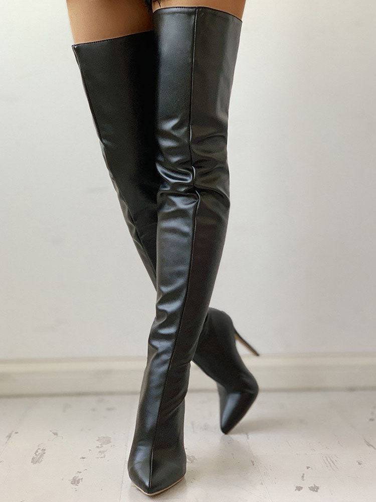 PU Zipper Stiletto Heeled Over Knee Boots Black / 6