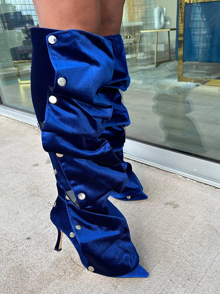 Handcrafted Leather Press Stud Knee-High Boots Light Denim / 6