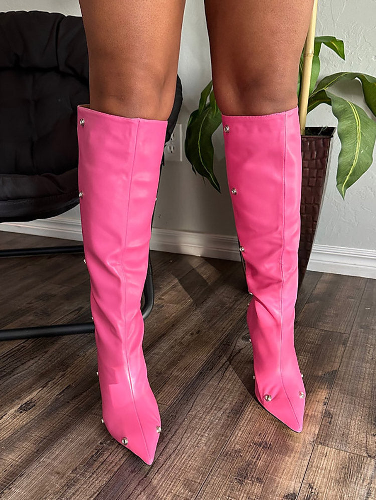 Handcrafted Leather Press Stud Knee-High Boots Pink / 7.5/8