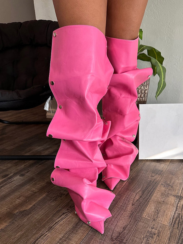 Handcrafted Leather Press Stud Knee-High Boots Pink / 5/5.5