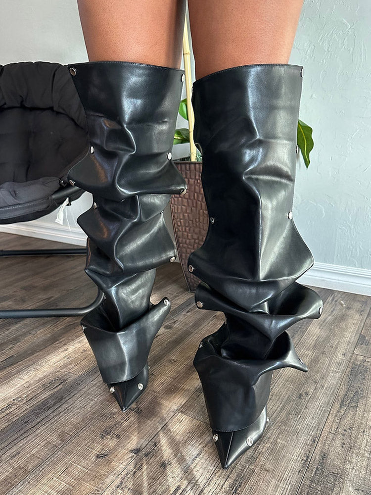 Handcrafted Leather Press Stud Knee-High Boots Black / 6