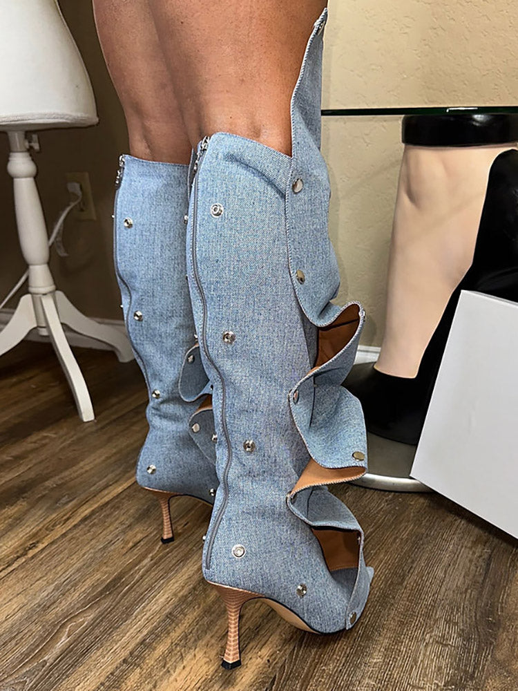 Handcrafted Leather Press Stud Knee-High Boots Pink / 10