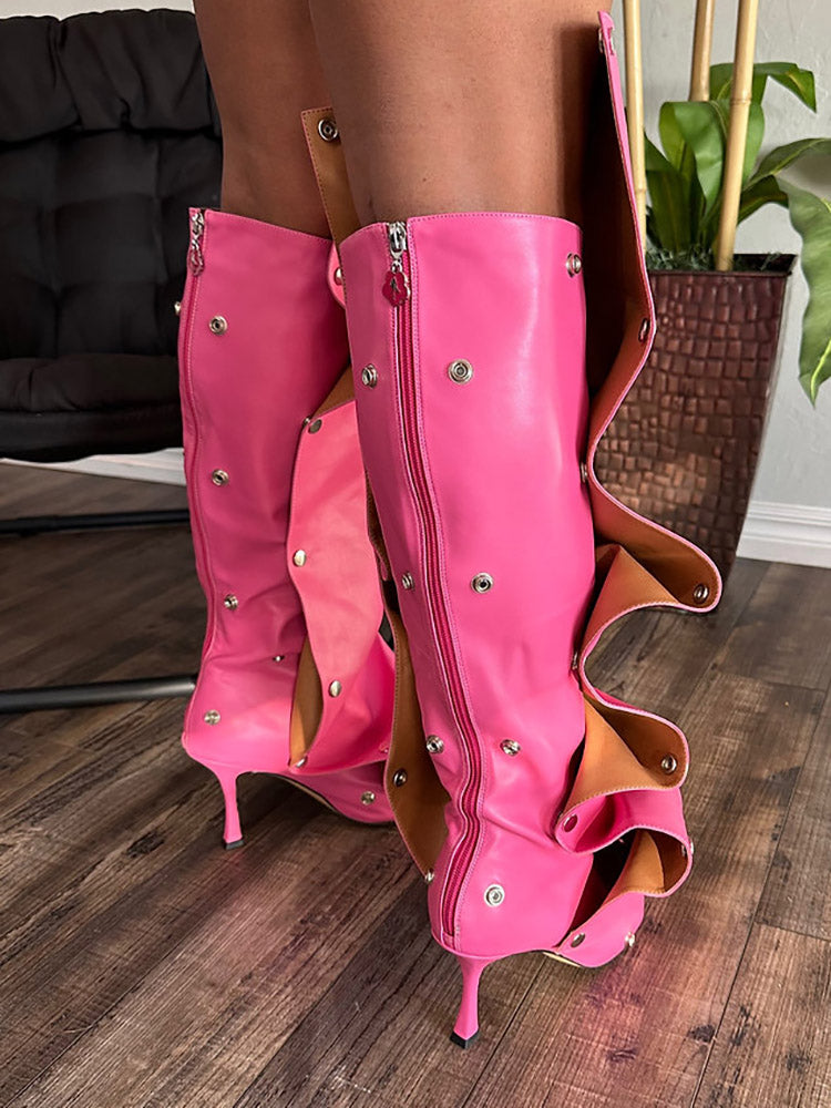 Handcrafted Leather Press Stud Knee-High Boots Pink / 6.5/7