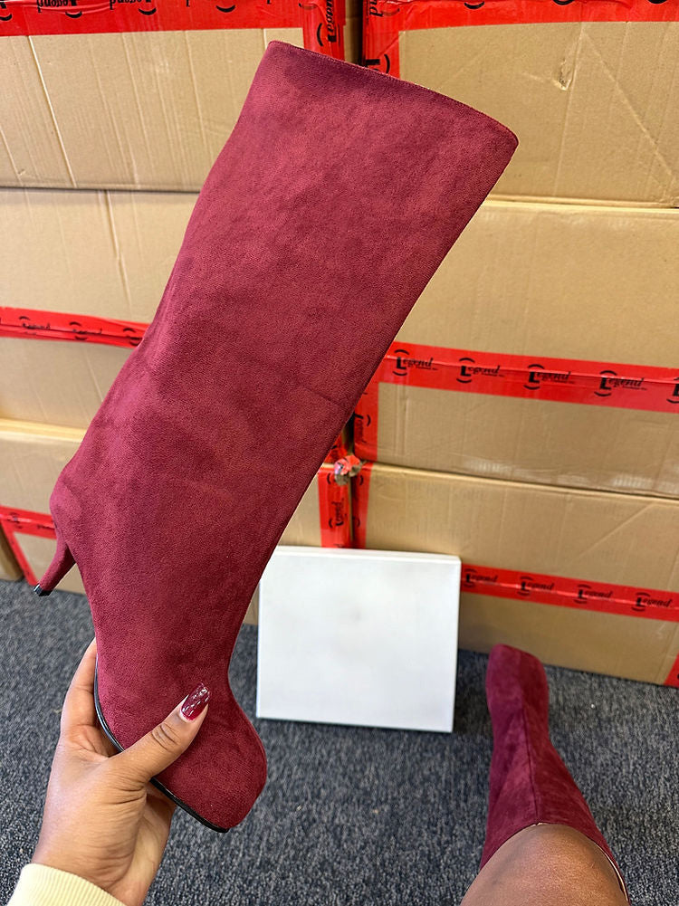 Suede Wide Calf Square Toe Boots Burgundy / 5/5.5