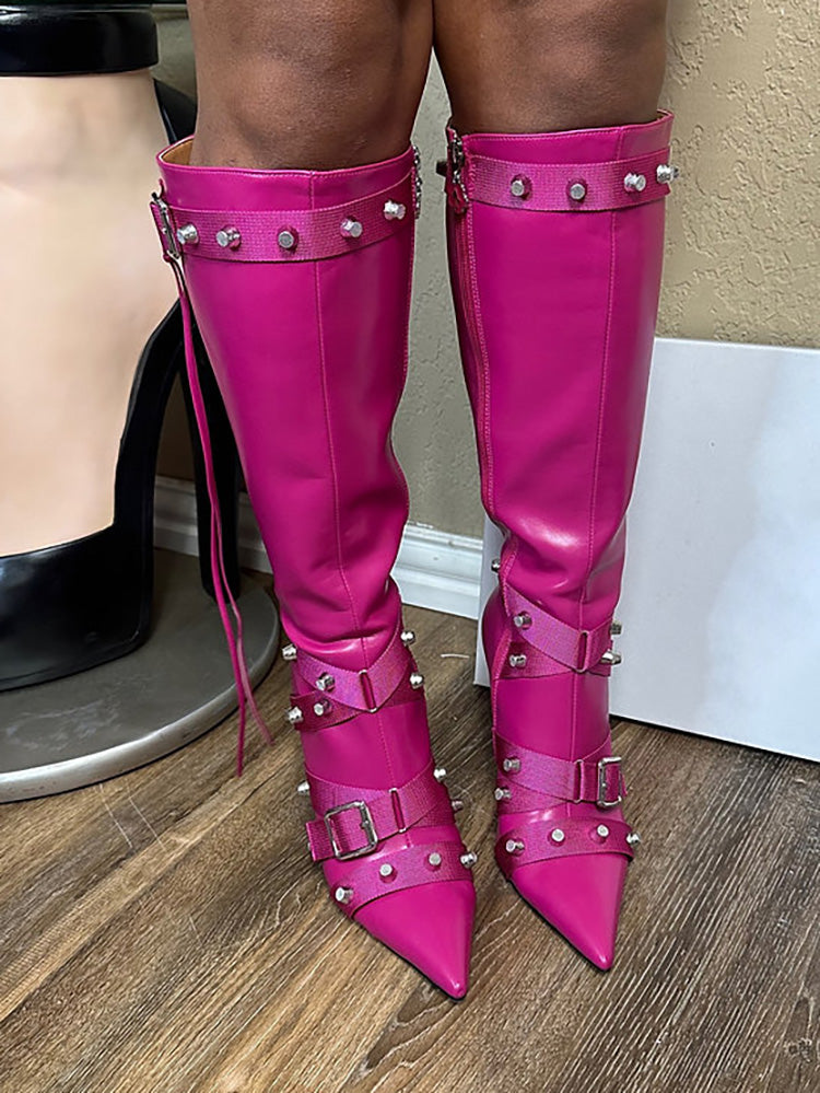Studded Buckled Strap Leather Boots Rose / 6