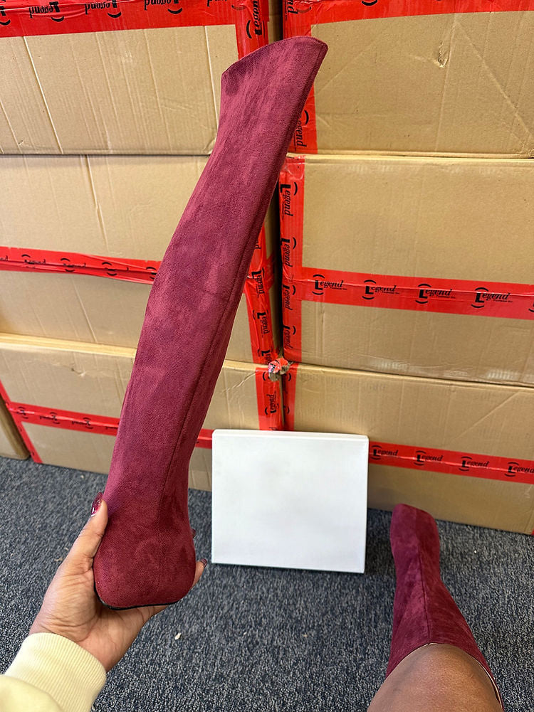 Suede Wide Calf Square Toe Boots Burgundy / 6.5/7