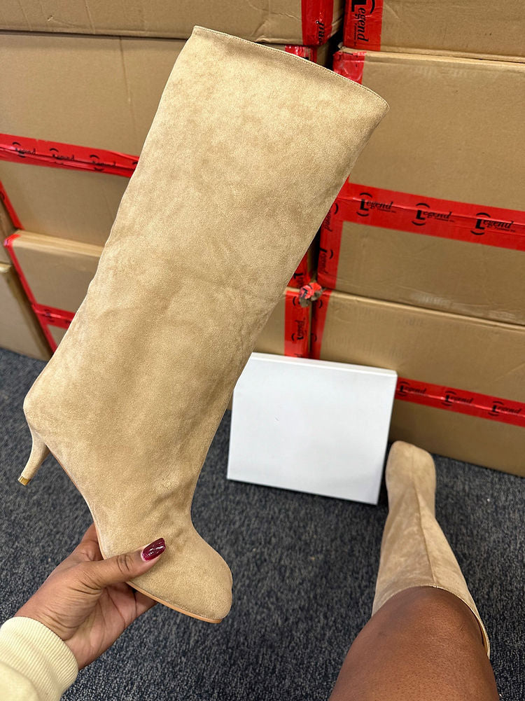 Suede Wide Calf Square Toe Boots Apricot / 6