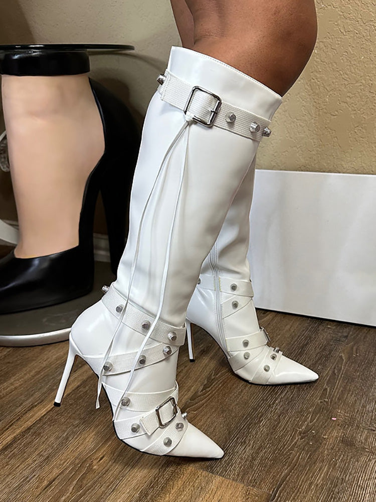 Studded Buckled Strap Leather Boots Black / 6.5/7