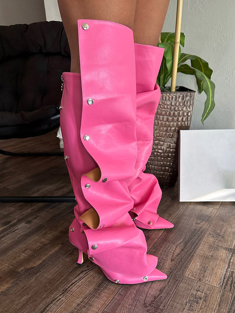 Handcrafted Leather Press Stud Knee-High Boots Pink / 6