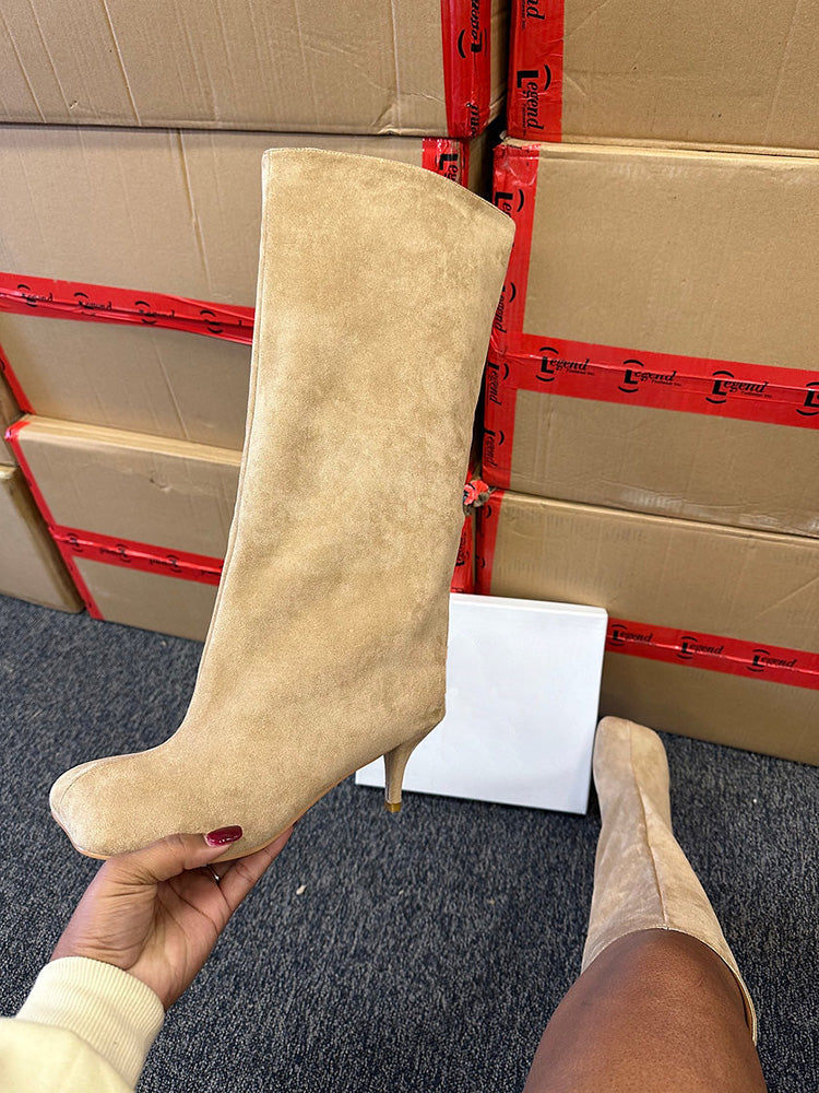Suede Wide Calf Square Toe Boots Apricot / 7.5/8