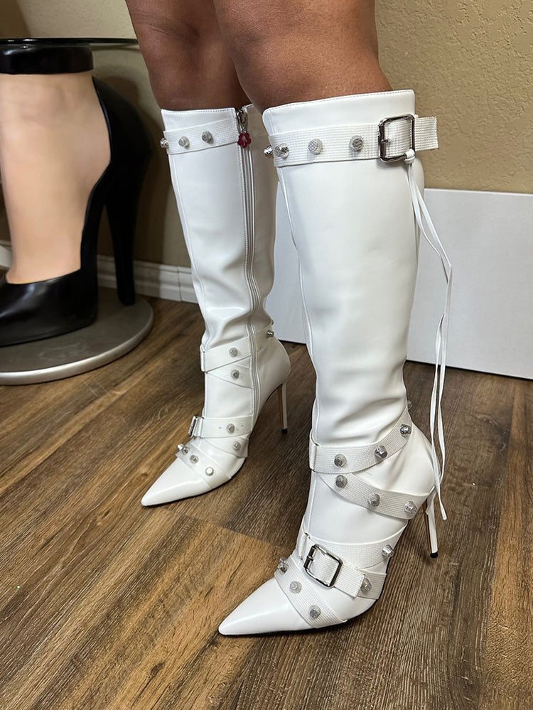 Studded Buckled Strap Leather Boots Black / 7.5/8