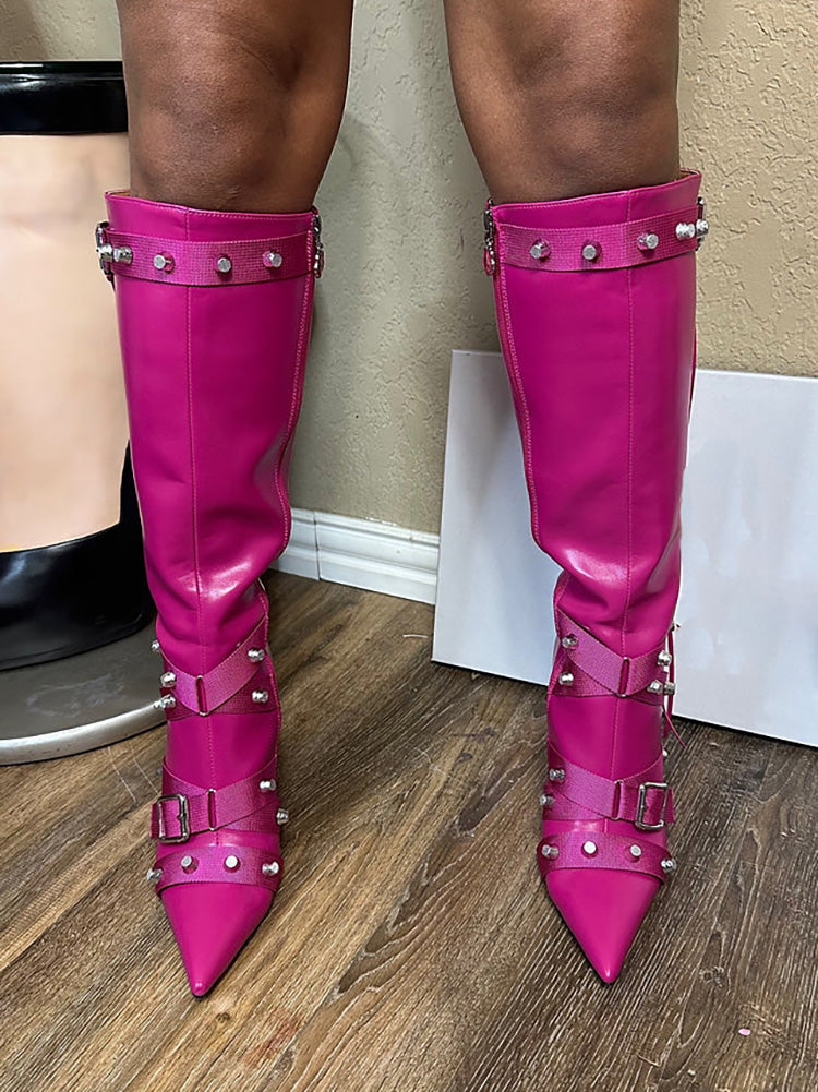 Studded Buckled Strap Leather Boots Rose / 8.5