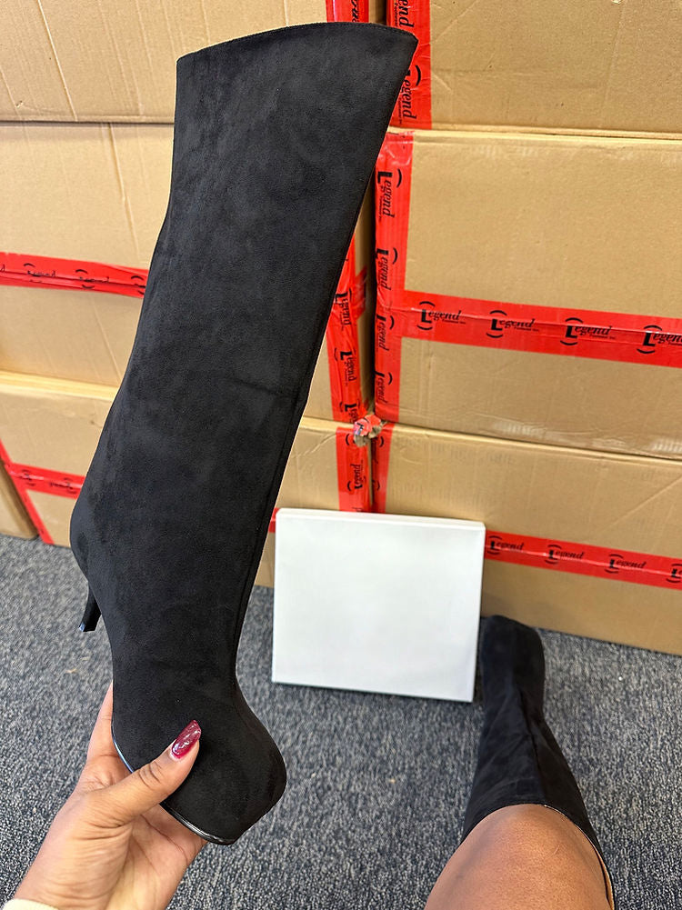 Suede Wide Calf Square Toe Boots Burgundy / 10