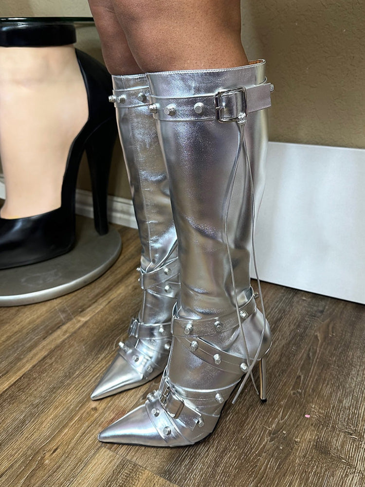 Studded Buckled Strap Leather Boots White / 6