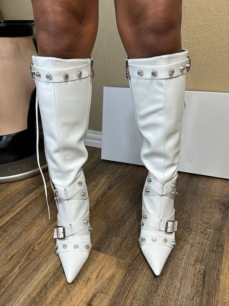 Studded Buckled Strap Leather Boots Black / 8.5