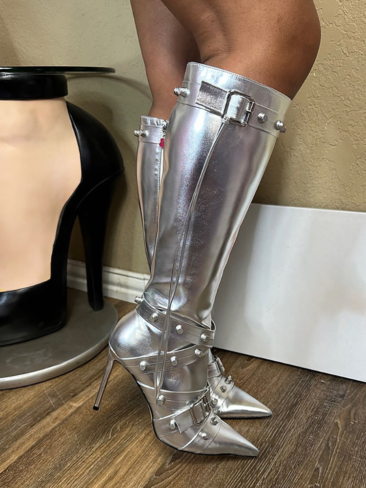 Studded Buckled Strap Leather Boots White / 6.5/7