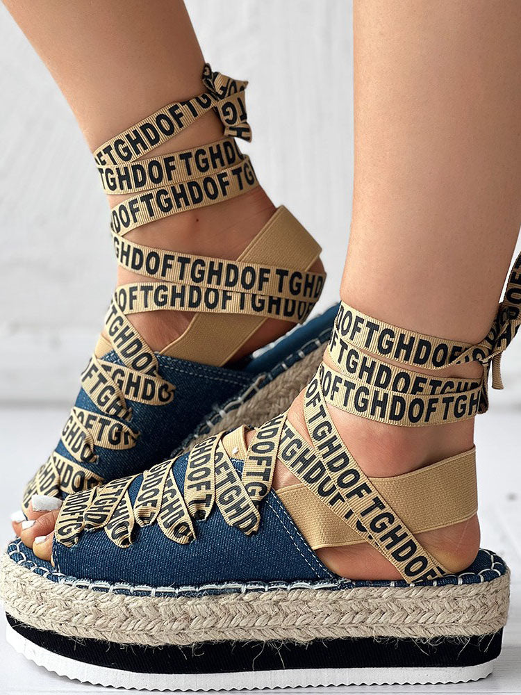 Letter Strappy Platform Sandals Blue / 6.5/7