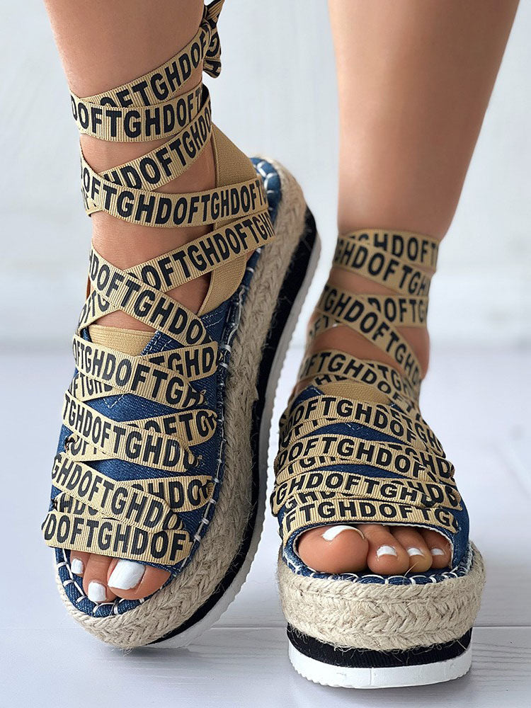 Letter Strappy Platform Sandals Blue / 7.5/8
