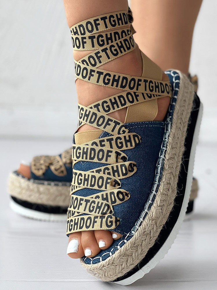 Letter Strappy Platform Sandals Blue / 6