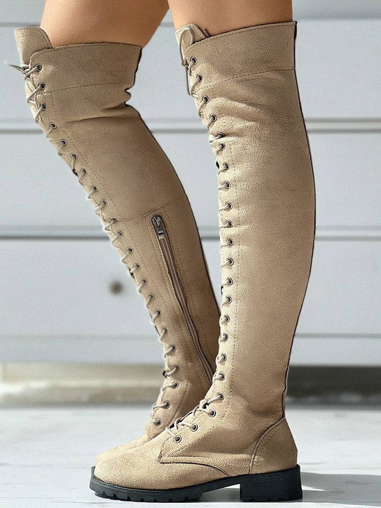 Lace Up Flat Suede Boots Khaki / 6.5/7