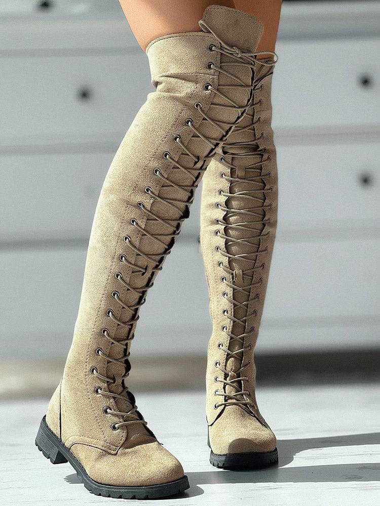 Lace Up Flat Suede Boots Khaki / 7.5/8