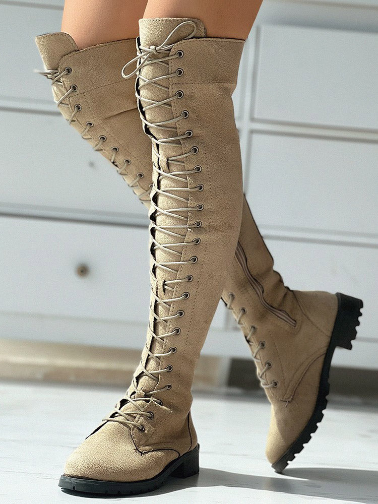 Lace Up Flat Suede Boots Khaki / 6